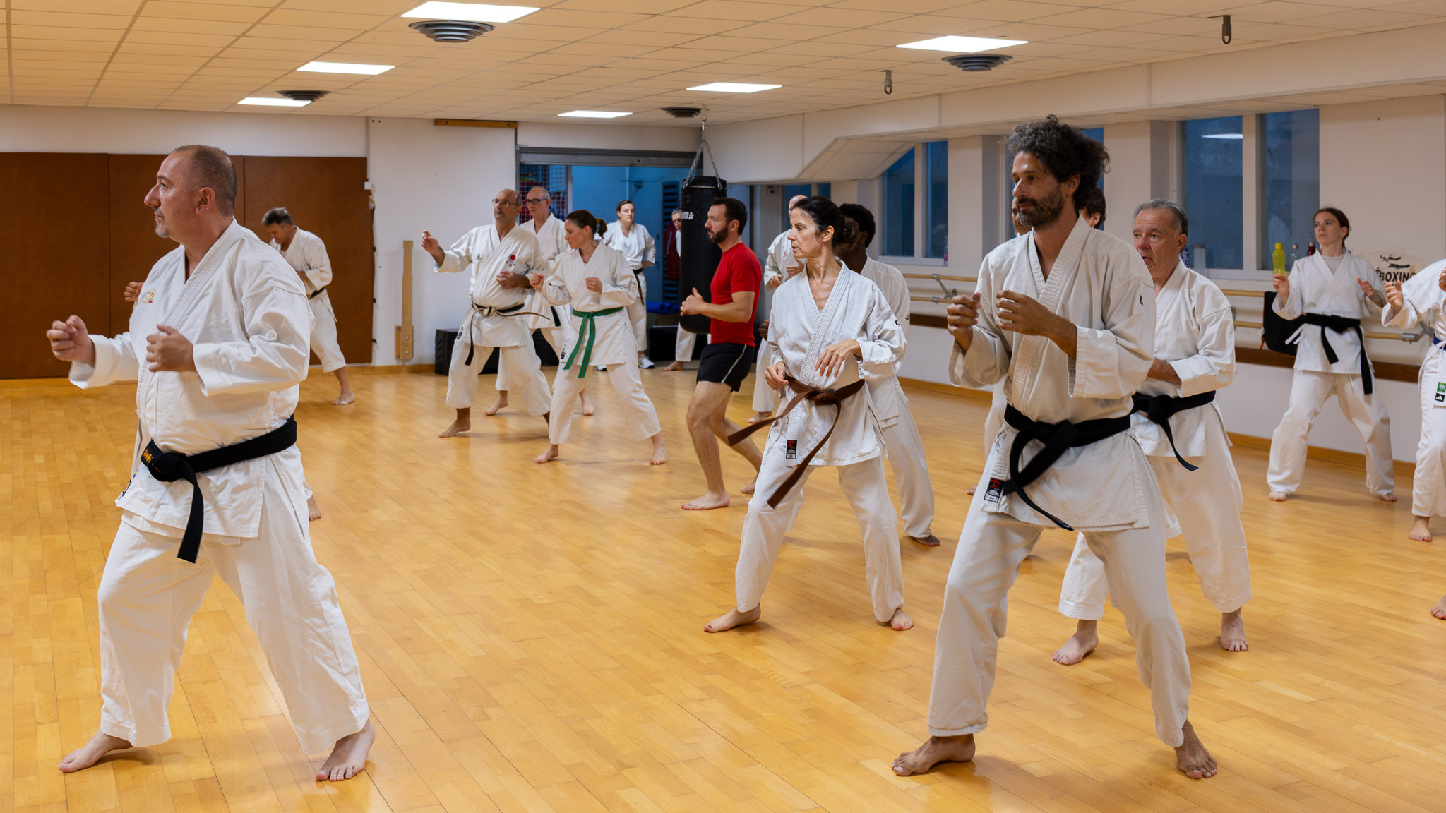 Le groupe en garde pendant le kihon, ceintures noires et ceintures de couleur mélangées