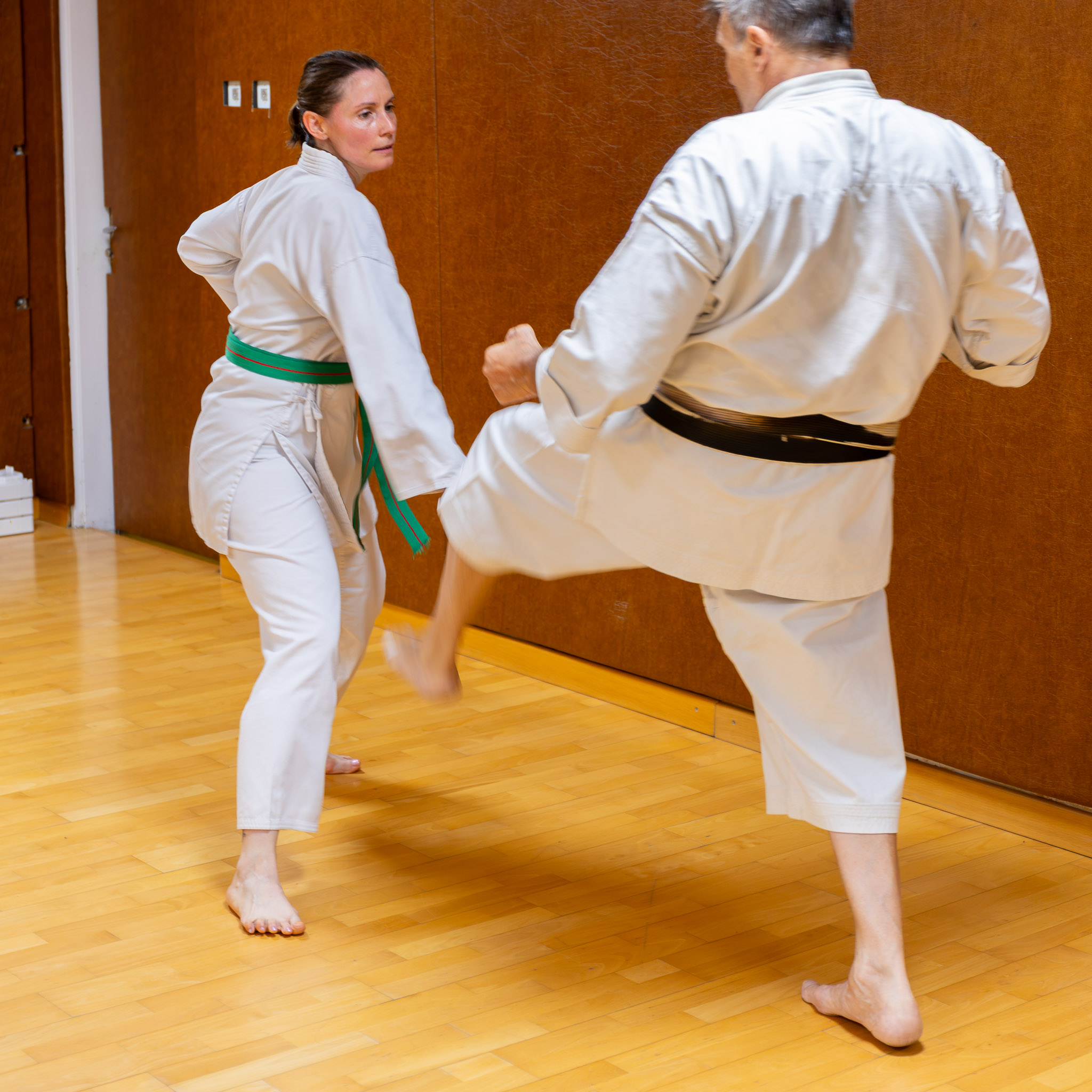 Une ceinture verte et une ceinture noire travaillent le mae-geri en binôme