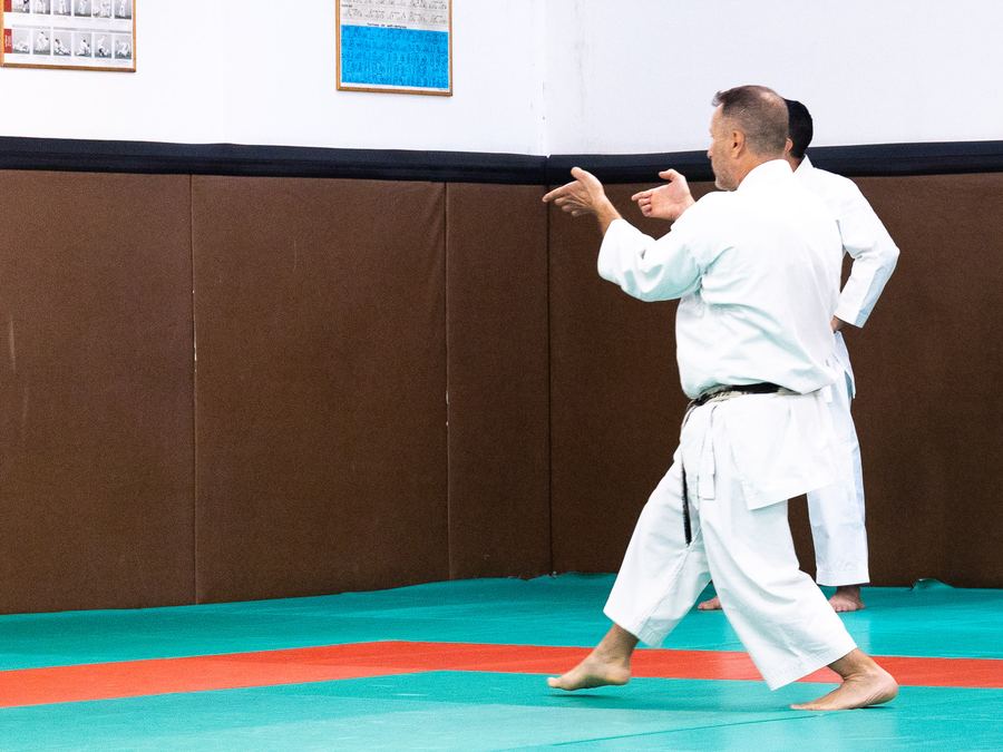 Un pratiquant confirmé exécutant une technique de kata